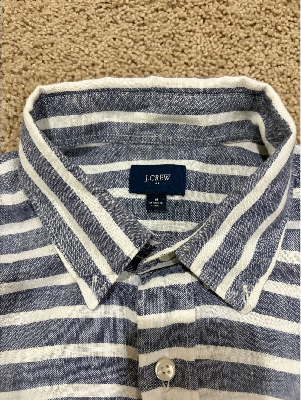 Men's J.Crew short-sleeve shirt blue white striped linen button down M MEDIUM